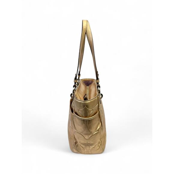 Coach Metallic Gold East West Embossed Signature Leather Tote Bag - Picture 4 of 15